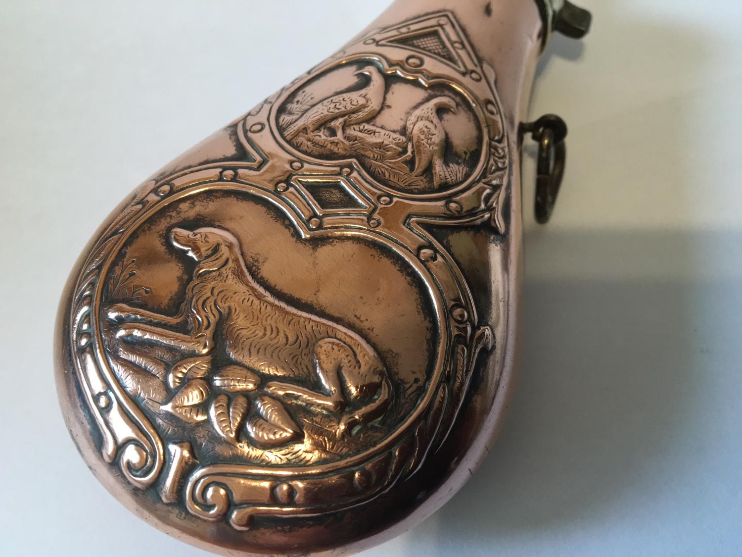 Copper Powder Flask with Hunting dog and bird