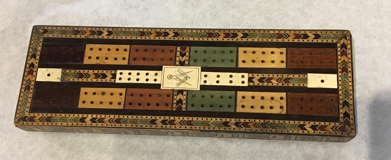 Tunbridgeware cribbage board with Masonic plaque
