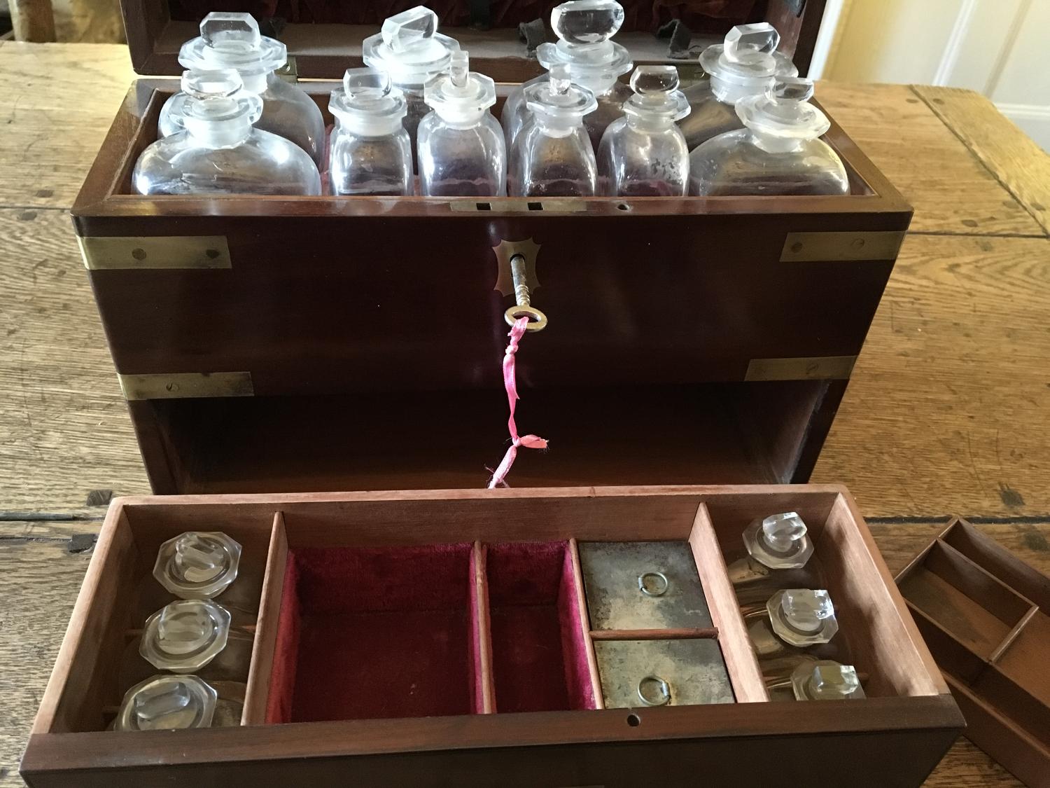 Georgian Mahogany Brass Bound Apothecary Box and contents